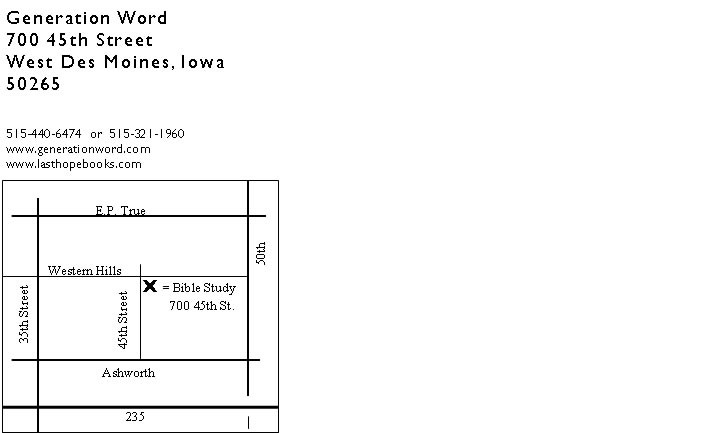 Directions to the Tuesday night Generation Word Bible Study