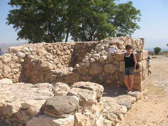 Here is the six chamber gate on the left/front and the defensive tower sitting in front of the gate  behind Toni.