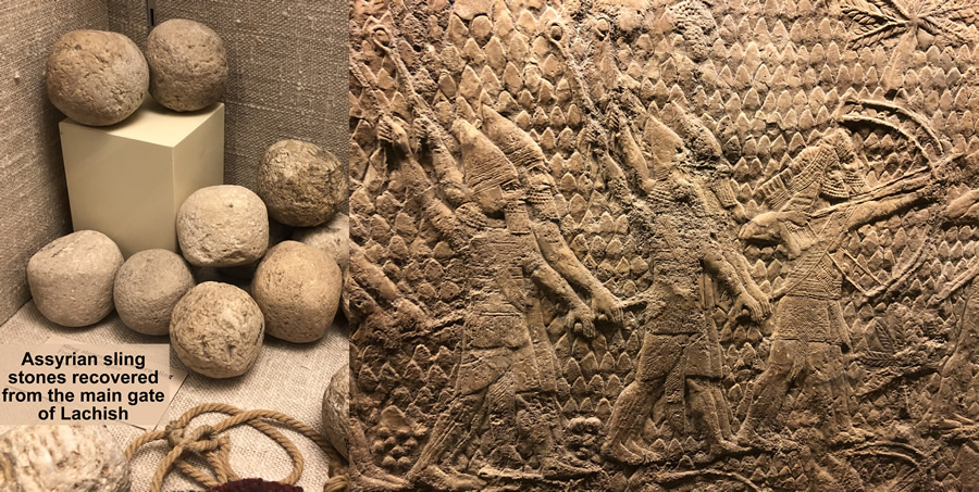 Assyrian slingers attack Lachish and the slingstones found at the city gate of Lachish displayed in the British Museum