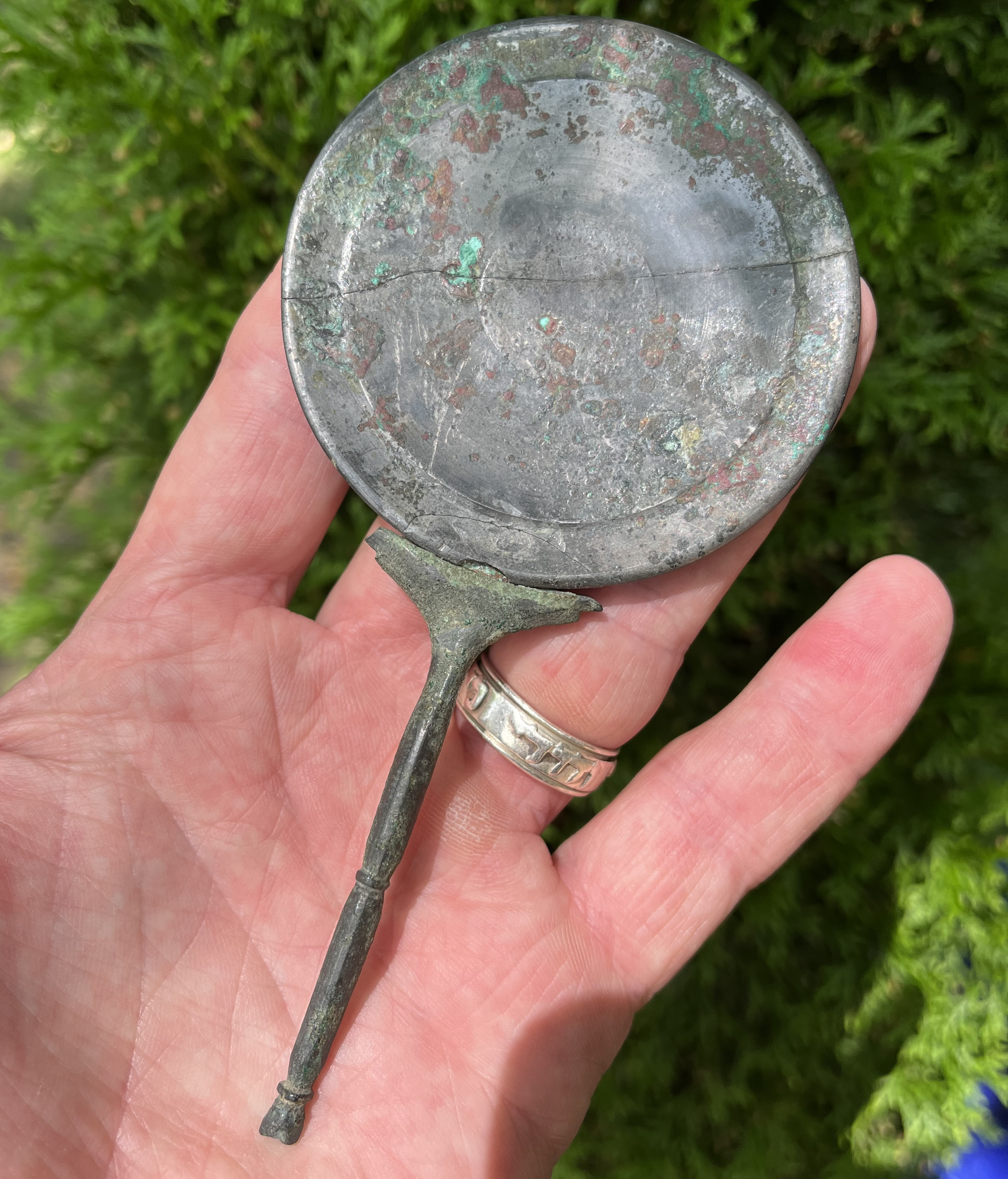 10 250 AD Roman Tinned Bronze Mirror with cast bronze handle front 3 FULL