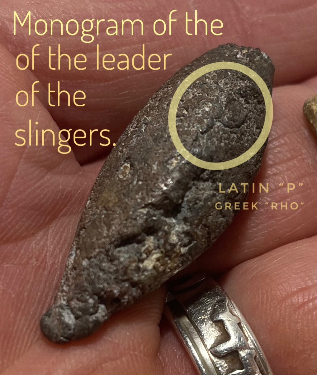 10 90 AD Roman Lead Sling stone black inscription 4A labeled Monogram RHO FULL