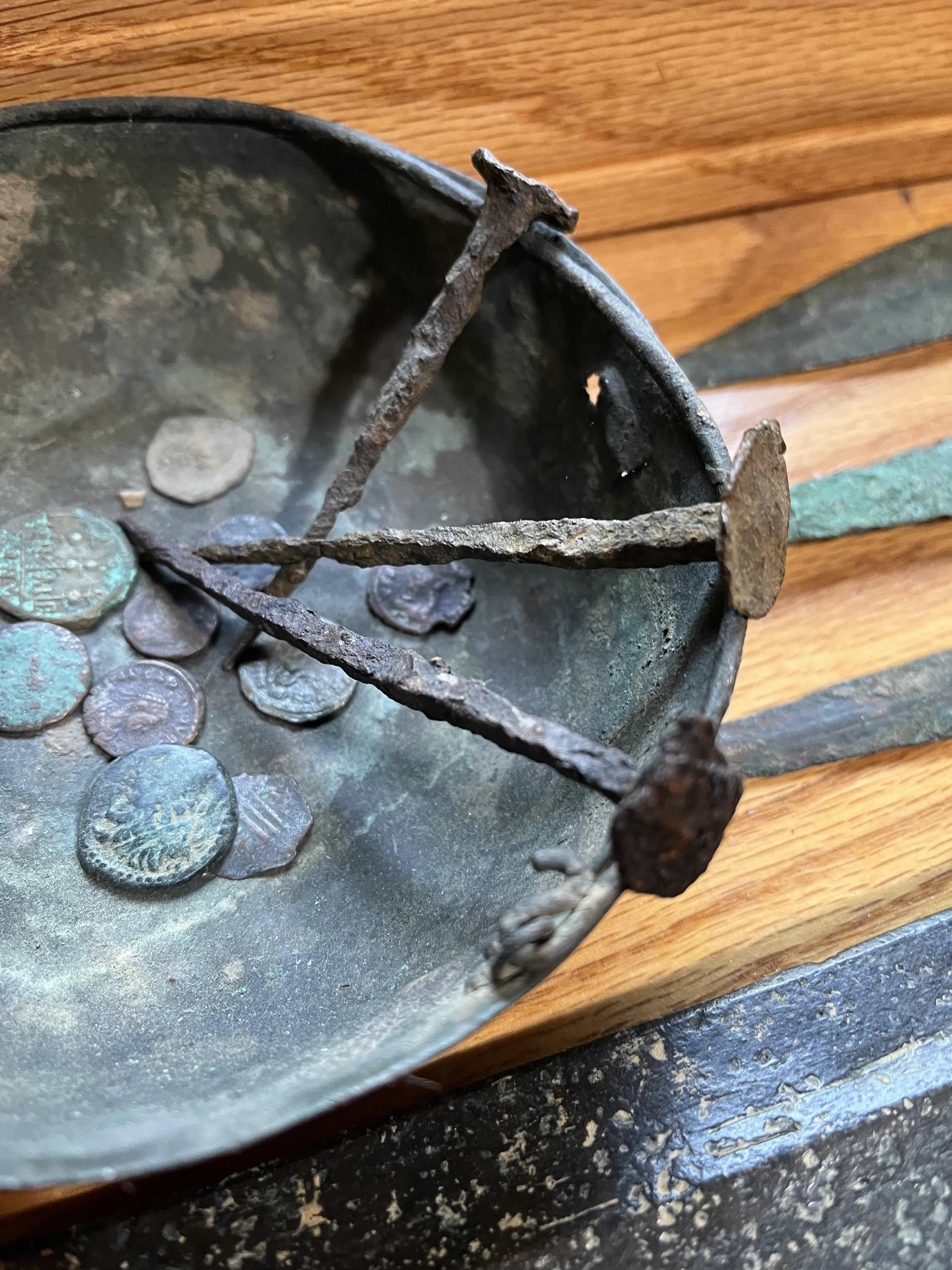 25 75 AD Roman Nails in ancient bronze bowl with Roman coins