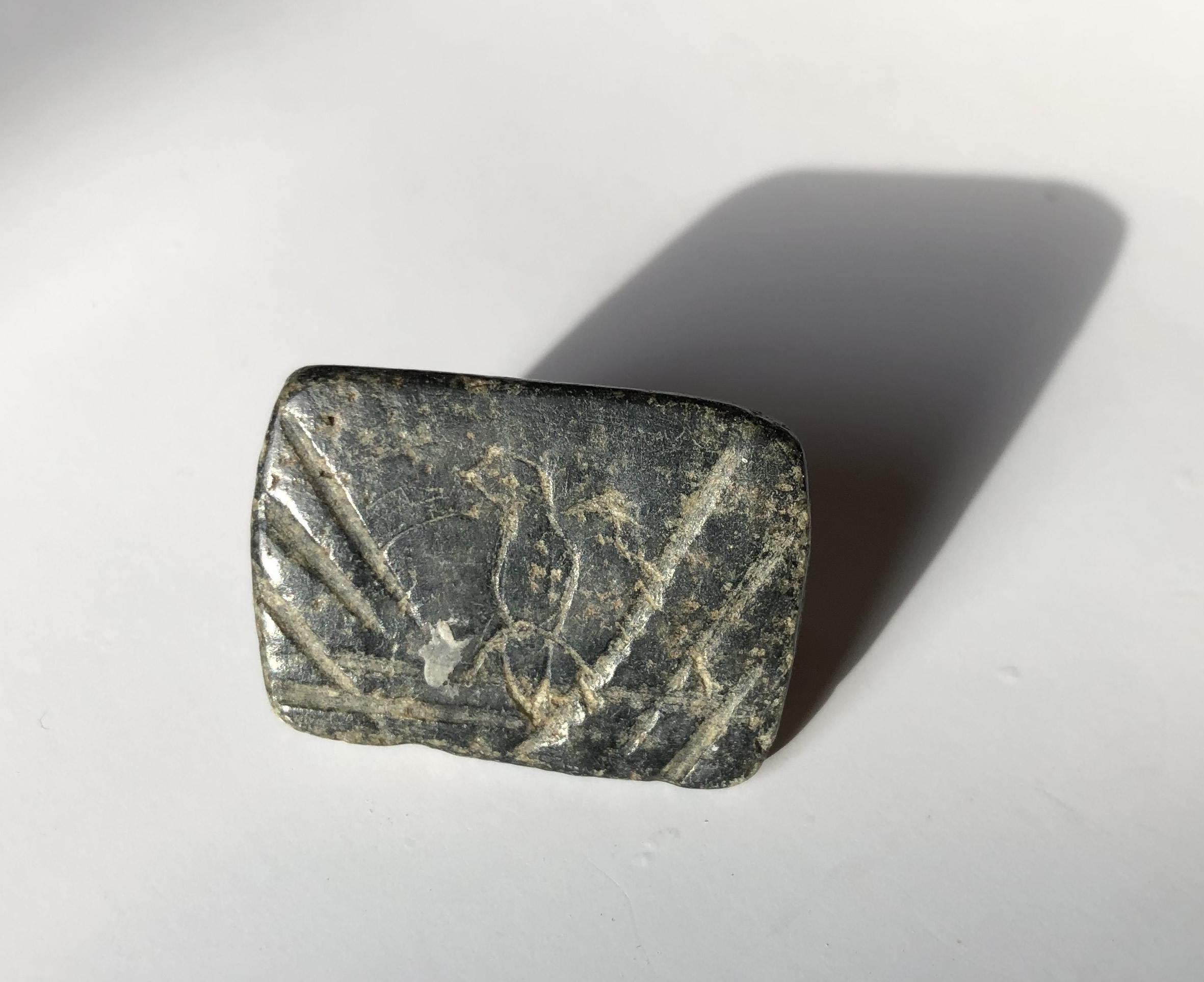 500 BC Seal Black Stone Inscription Side with Bird Perched on Branch and Geometric Design