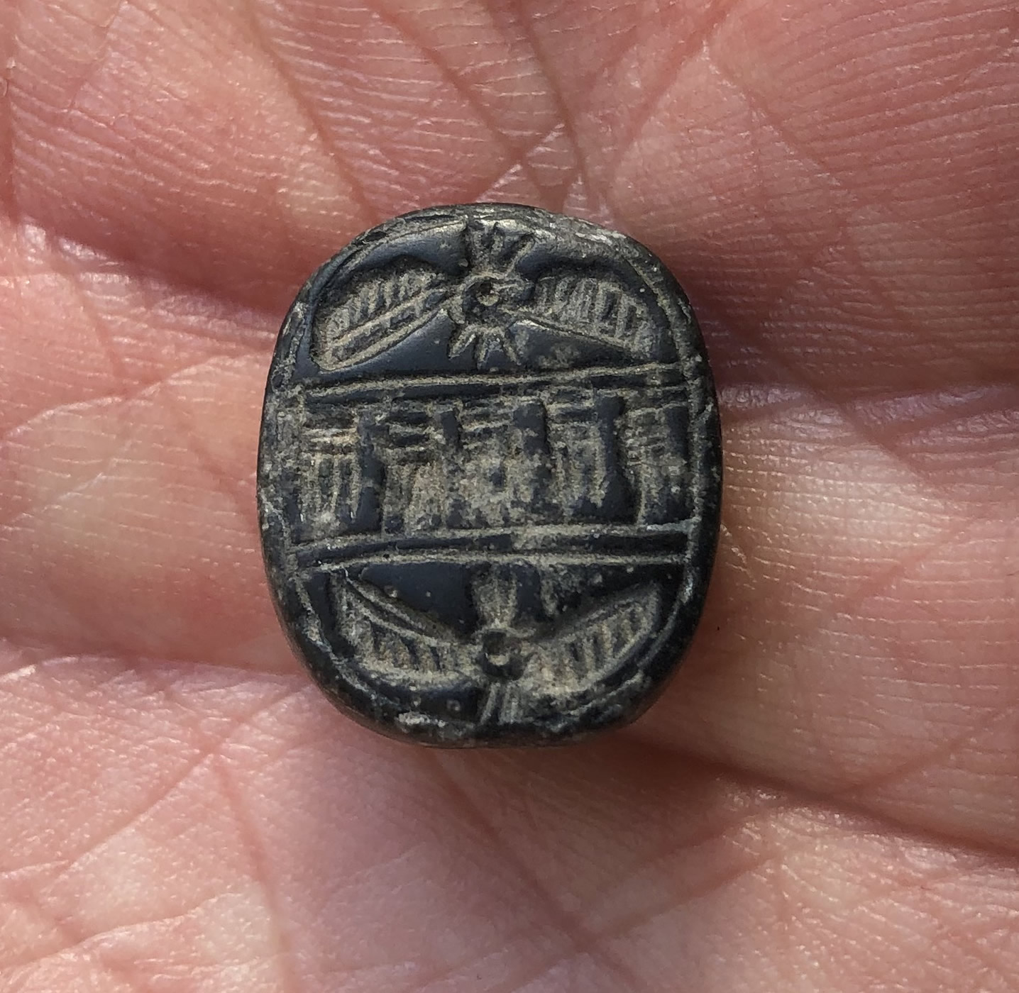 700 BC Seal in Black Hued Stone with Two Winged Sun Disc Inscribed Image Side
