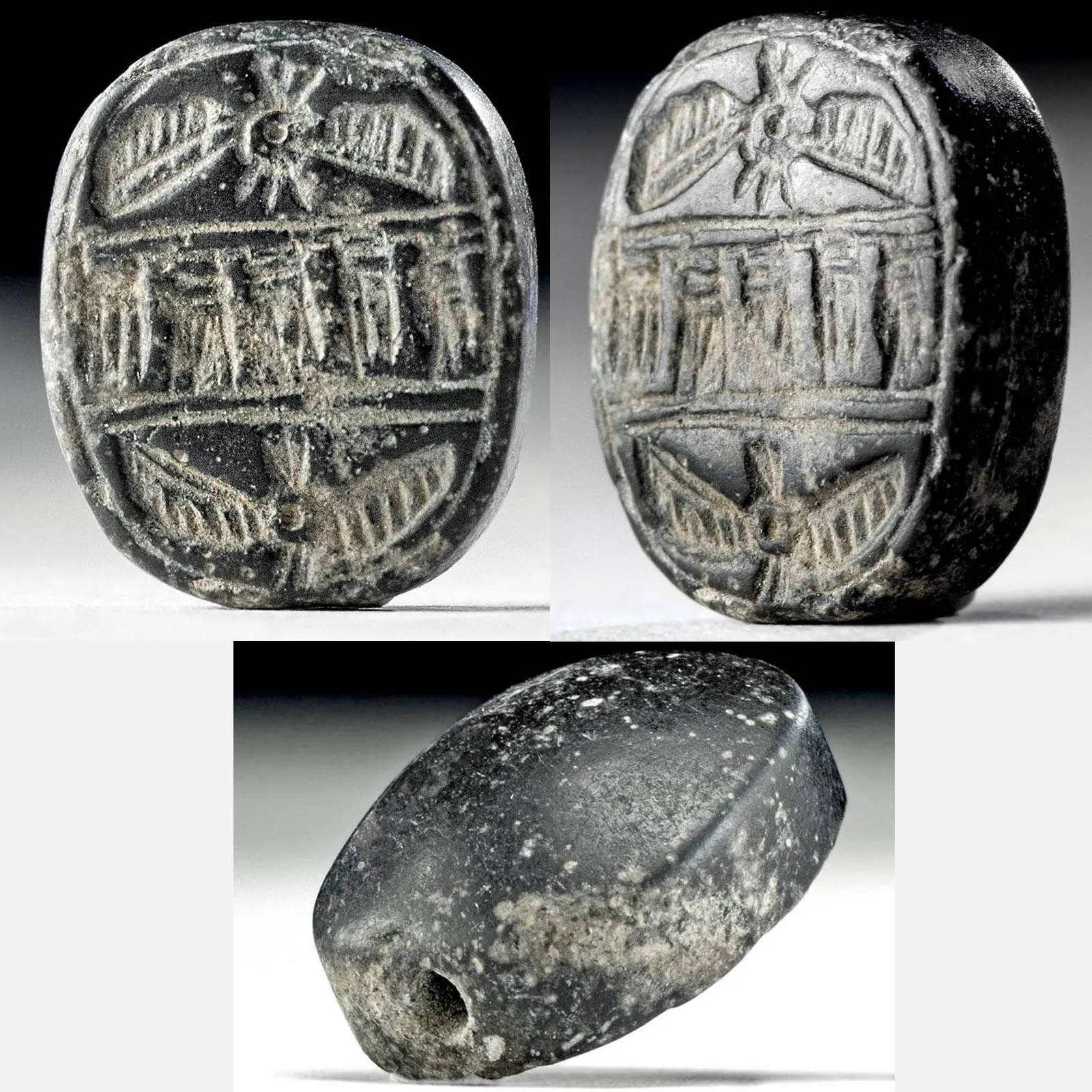 700 BC Seal in Black Hued Stone with Two Winged Sun Disc Three Views